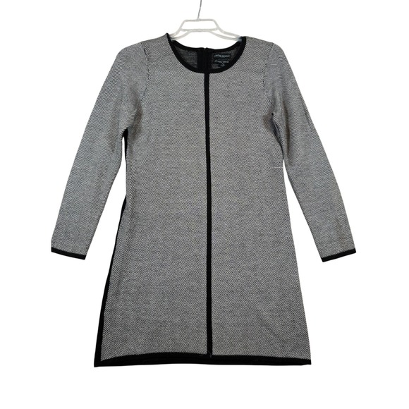 Cynthia Rowley Merino Wool Dress Herringbone‎ Print Long Sleeve Black Trim M - Picture 1 of 7